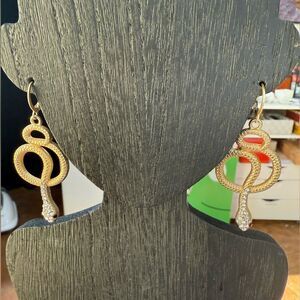 Stunning Gold Tone White Black Rhinestone Snake Dangle‎ Hoop Earrings